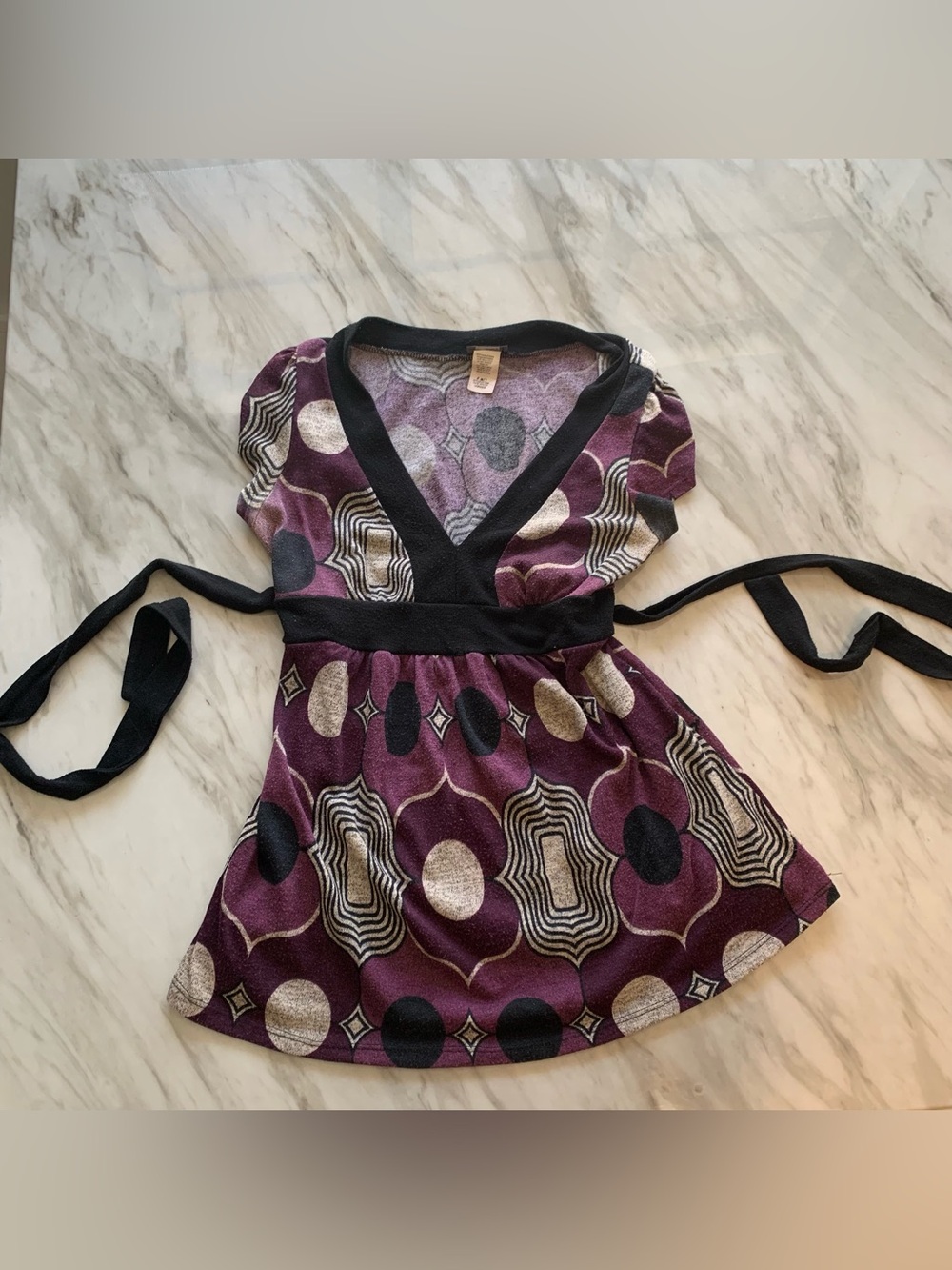 Self Esteem Girls' Plum Geometric Wrap Dress with Black Trim